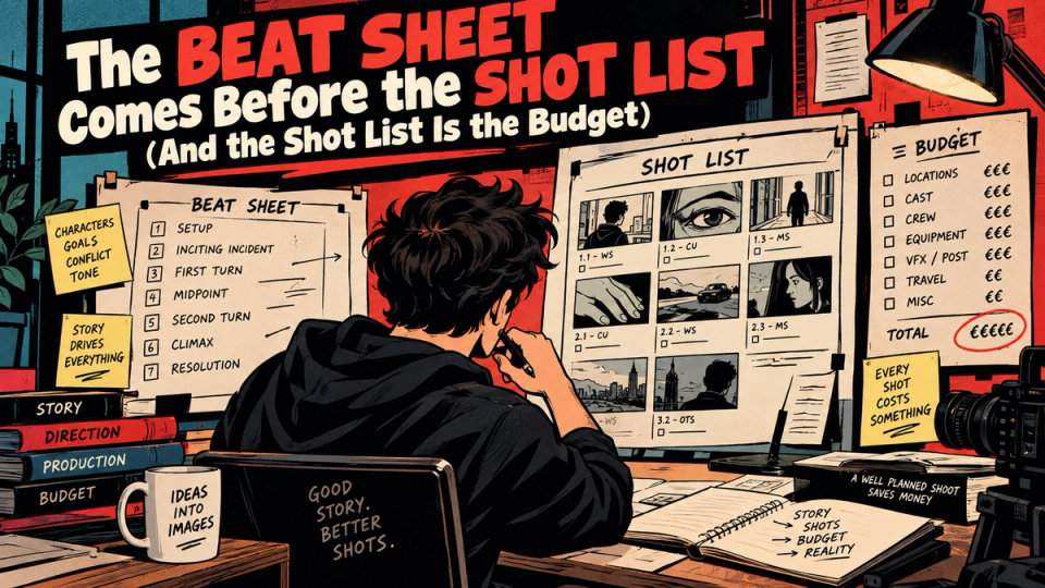 A beat sheet with each line annotated by the number of shots it will require.