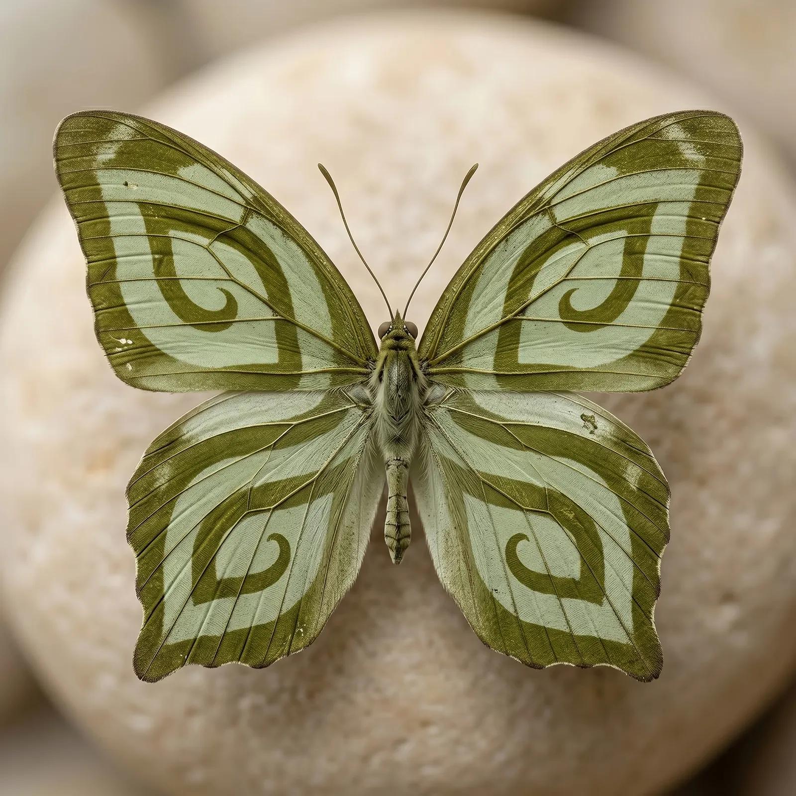 A photorealistic green and cream butterfly with spiral markings on its wings, resting on pale stone: the Mariposa mark rendered as a real specimen.