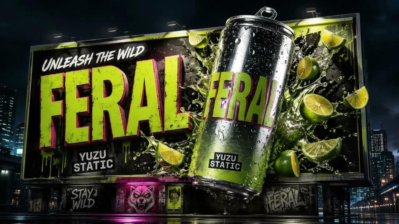 A night-city billboard for FERAL Yuzu Static: the can breaking out of the board in front of the artwork, lime slices and green liquid crossing the frame, graffiti reading STAY WILD on the hoarding below and lit towers behind.