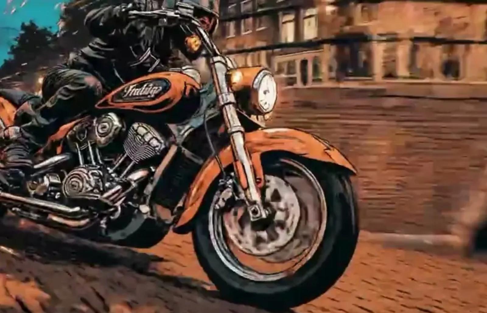 A close view of the machine on a canal street at night, rider low over the bars, the Indian script badge legible on the orange tank.