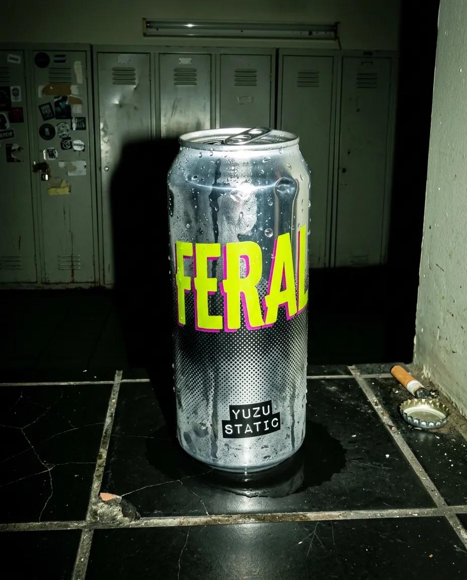 The same FERAL can on cracked black floor tiles in a corridor of school lockers, lit hard from one side, a cigarette and a bottle cap on the floor beside it.