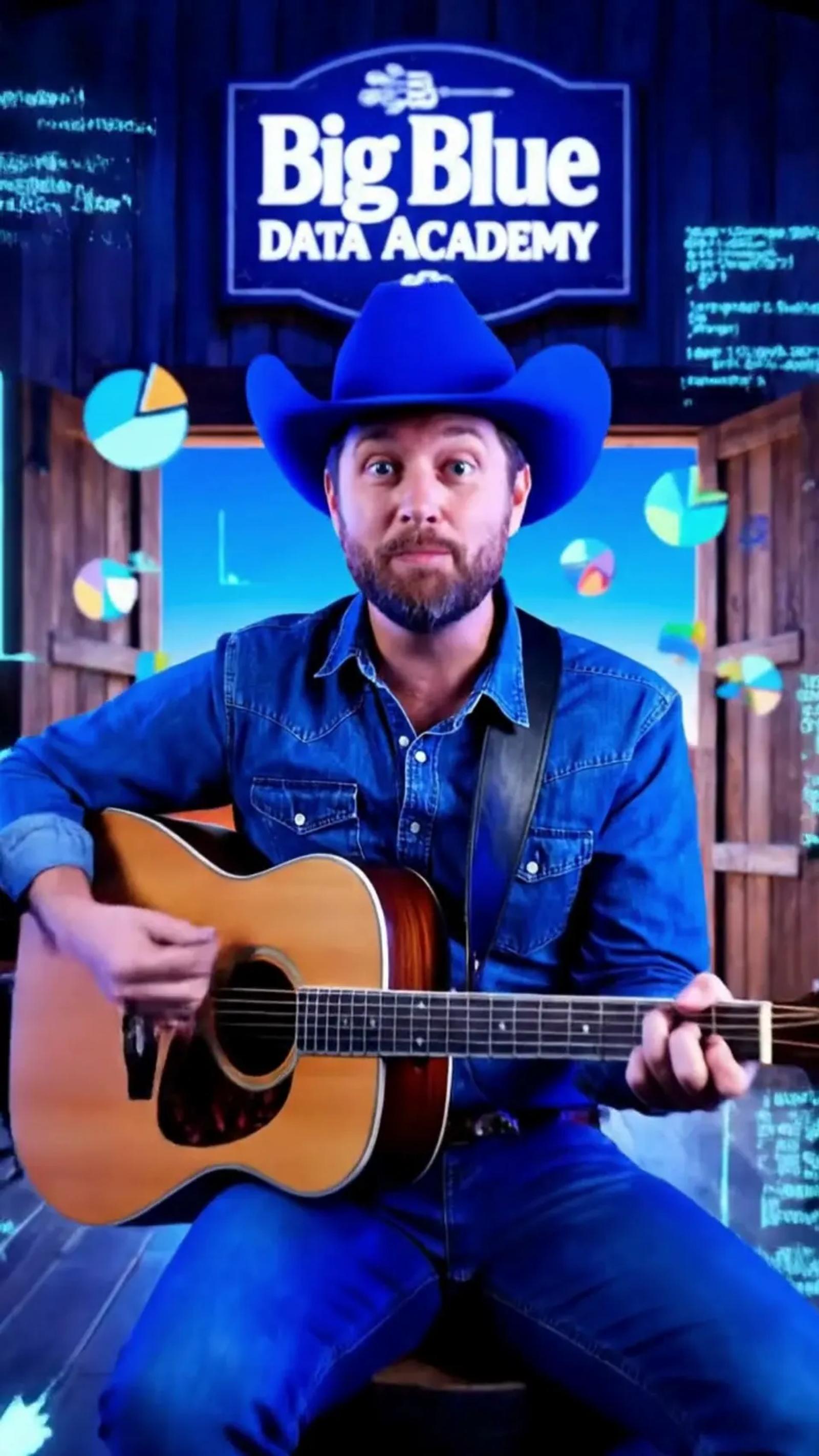 A man in a blue cowboy hat and denim shirt playing guitar in a wooden saloon under a painted Big Blue Data Academy sign, pie charts floating around him.
