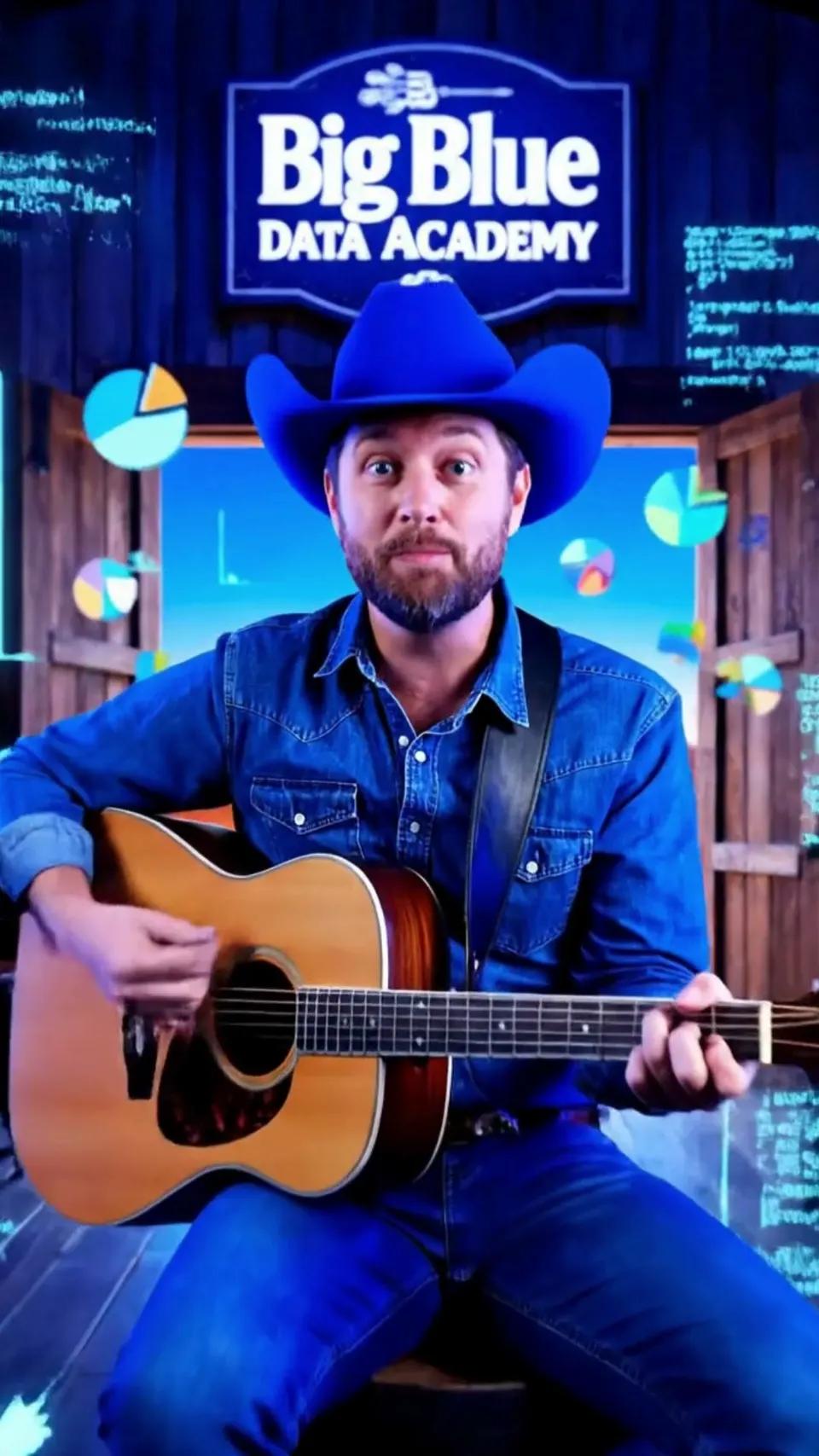 A man in a blue cowboy hat and denim shirt playing guitar in a wooden saloon under a painted Big Blue Data Academy sign, pie charts floating around him.