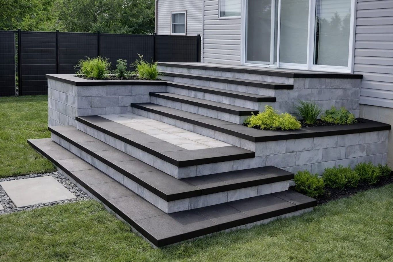 Galerie en paliers avec plates-bandes intégrées, scellant à pavé 