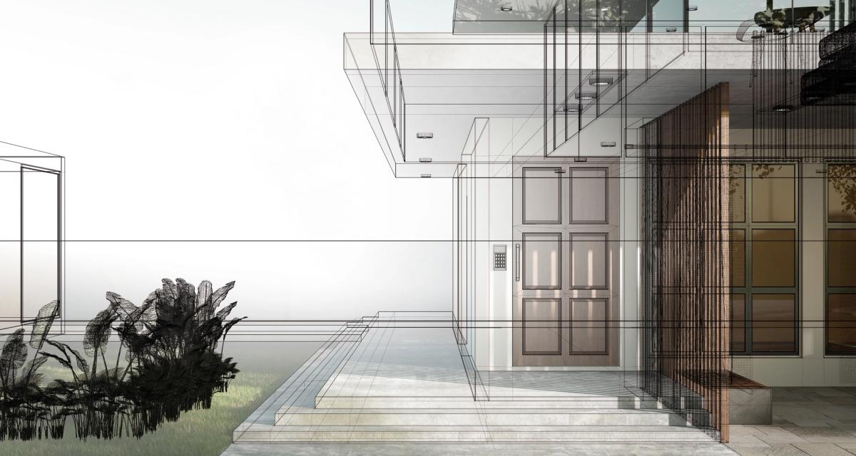 A 3D architectural model and render of a contemporary new home, from wireframe to finished visual.