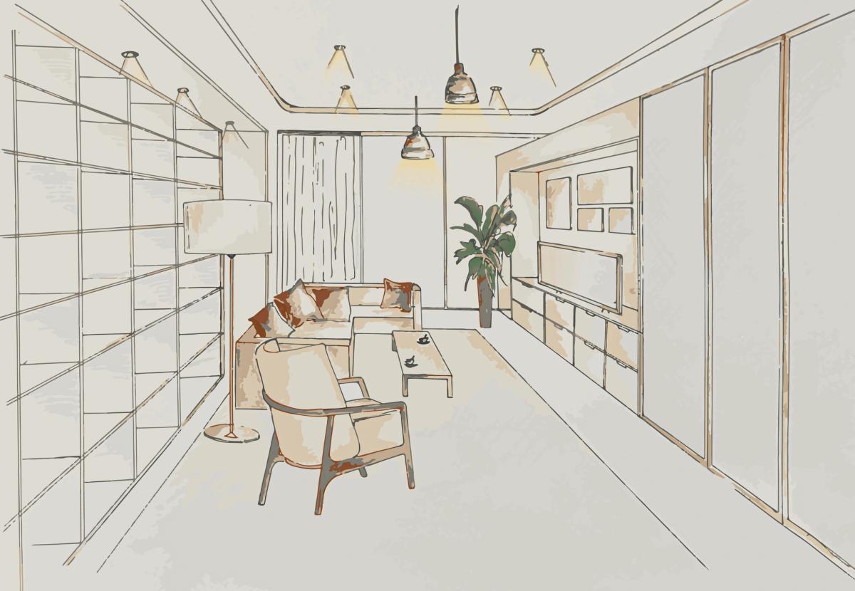 A hand-drawn interior design visualisation of a living room scheme, capturing the design intent.