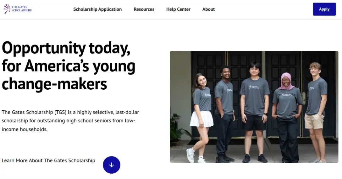 The Gates Scholarship homepage with the headline "Opportunity today, for America's young change-makers" beside five students in Gates Scholarship T-shirts.
