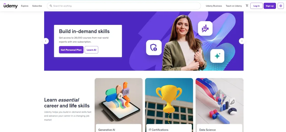 Udemy homepage with "Build in-demand skills" headline and course category tiles