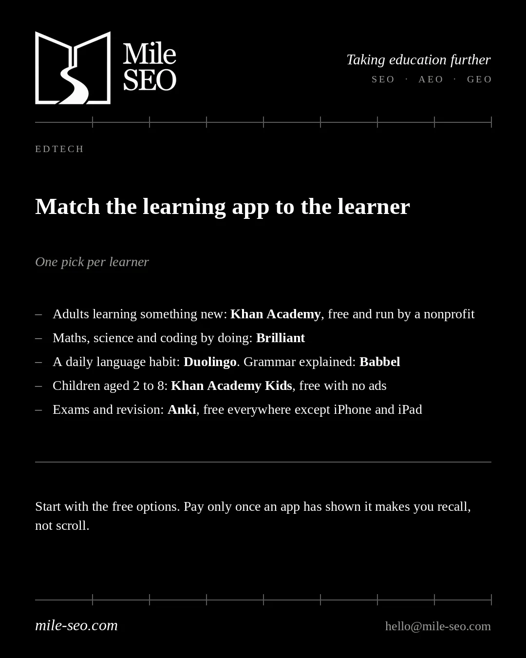 Mile SEO infographic matching learning apps to learner types — Khan Academy, Brilliant, Duolingo, Babbel, Khan Academy Kids and Anki