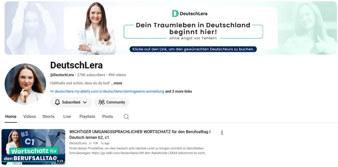 Screenshot of the DeutschLera YouTube channel page showing 276K subscribers and 494 videos, with a link to book German courses.