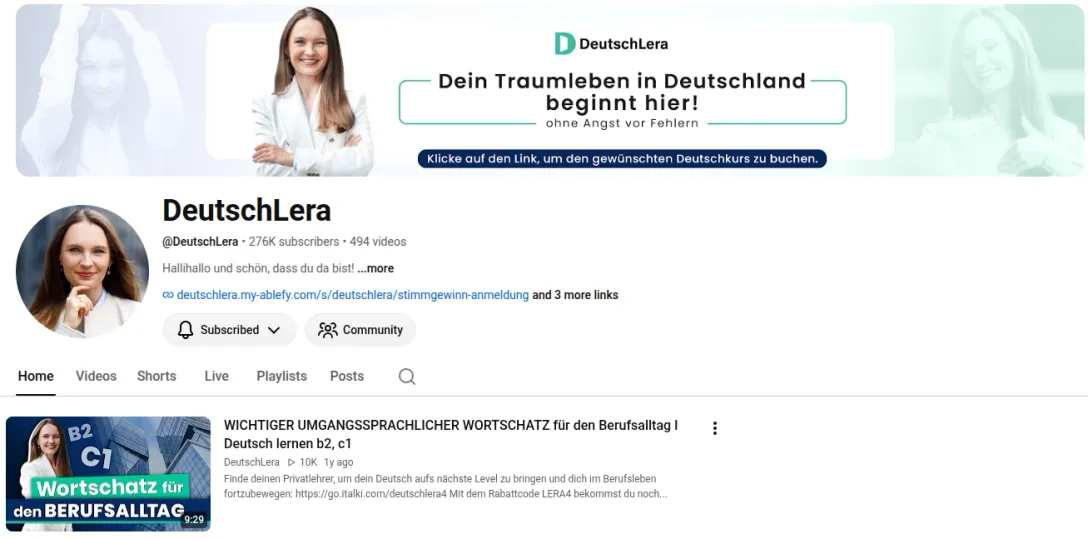 Screenshot of the DeutschLera YouTube channel page showing 276K subscribers and 494 videos, with a link to book German courses.