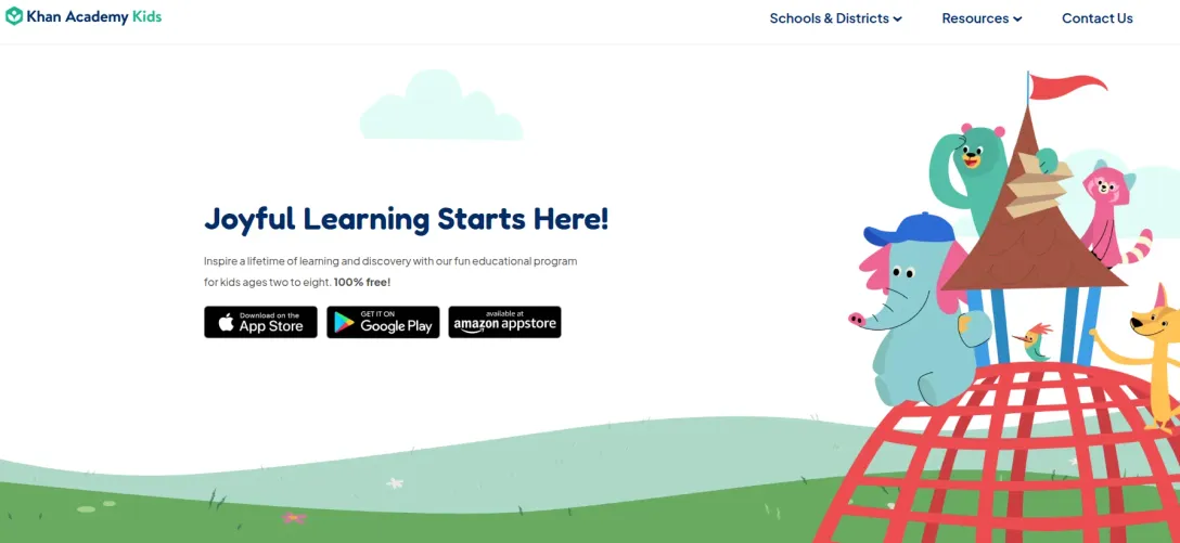 Khan Academy Kids homepage with animal characters and "Joyful Learning Starts Here!" headline
