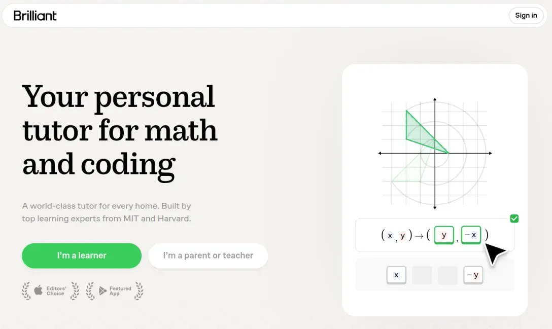 Brilliant homepage showing interactive math problem with "Your personal tutor for math and coding" headline