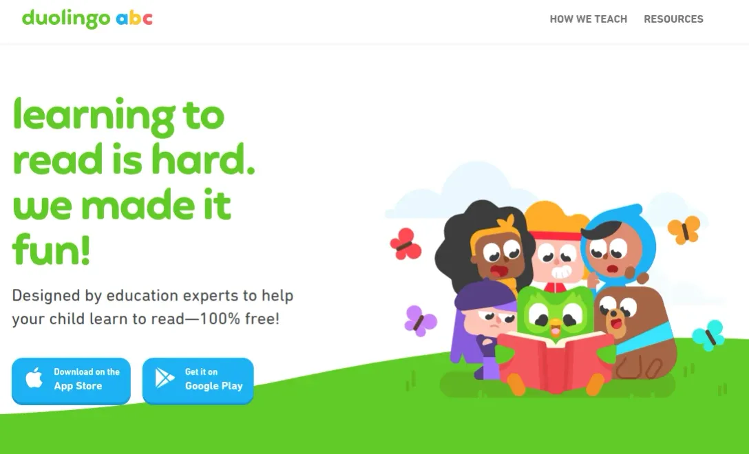 Duolingo ABC homepage with "learning to read is hard. we made it fun!" headline and children reading illustration