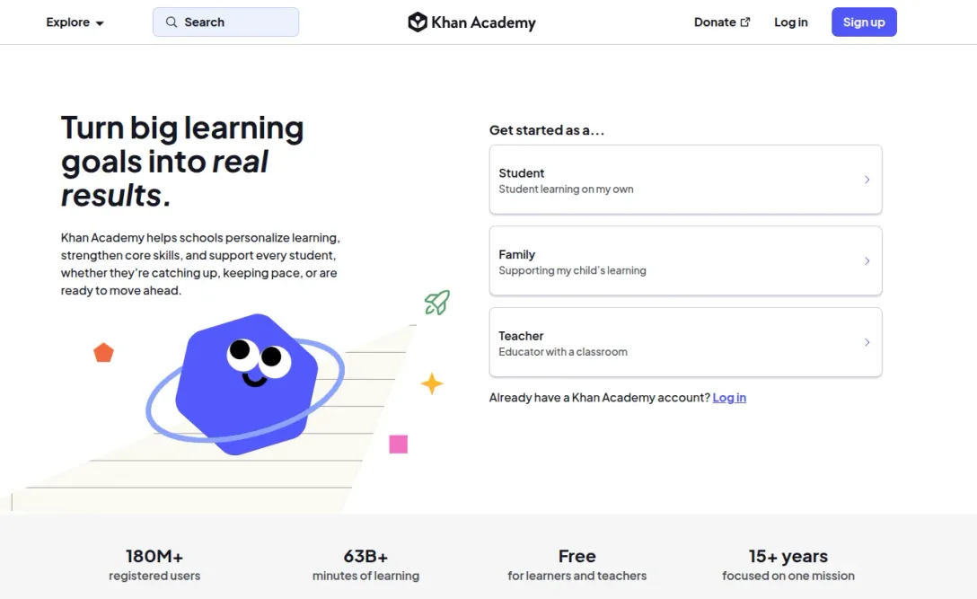 Khan Academy homepage with "Turn big learning goals into real results" headline and student/family/teacher options