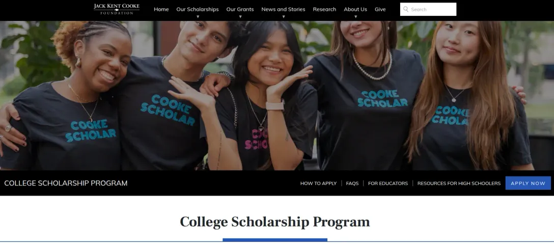 Jack Kent Cooke Foundation College Scholarship Program page with five smiling students in Cooke Scholar T-shirts.