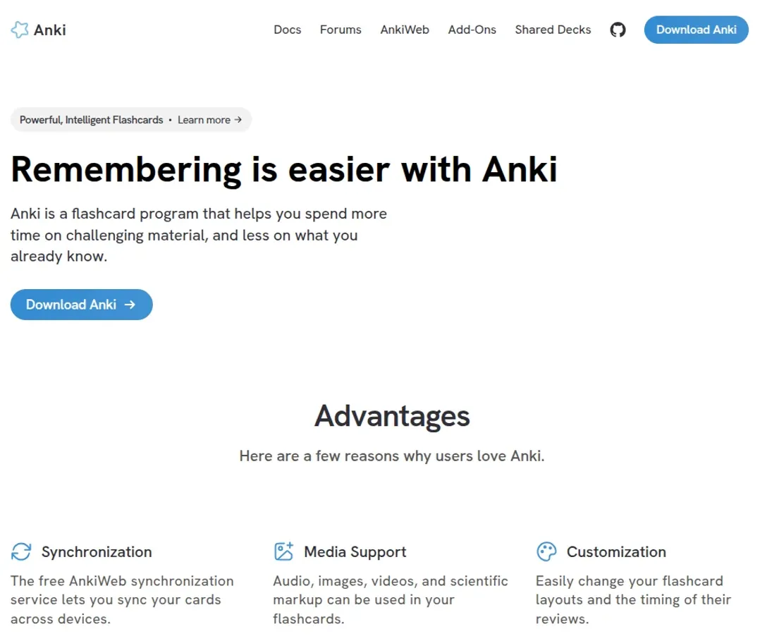 Anki flashcard app homepage with "Remembering is easier with Anki" headline