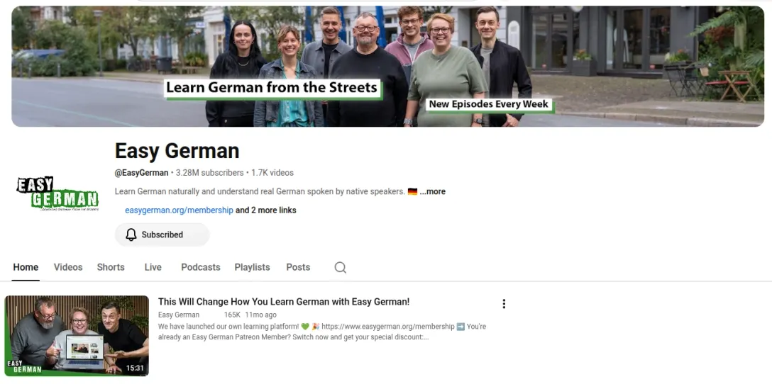 Screenshot of the Easy German YouTube channel page showing 3.28M subscribers and 1.7K videos, with a link to the membership platform.