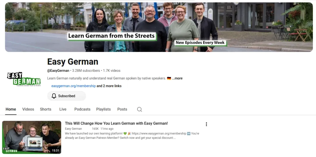 Screenshot of the Easy German YouTube channel page showing 3.28M subscribers and 1.7K videos, with a link to the membership platform.