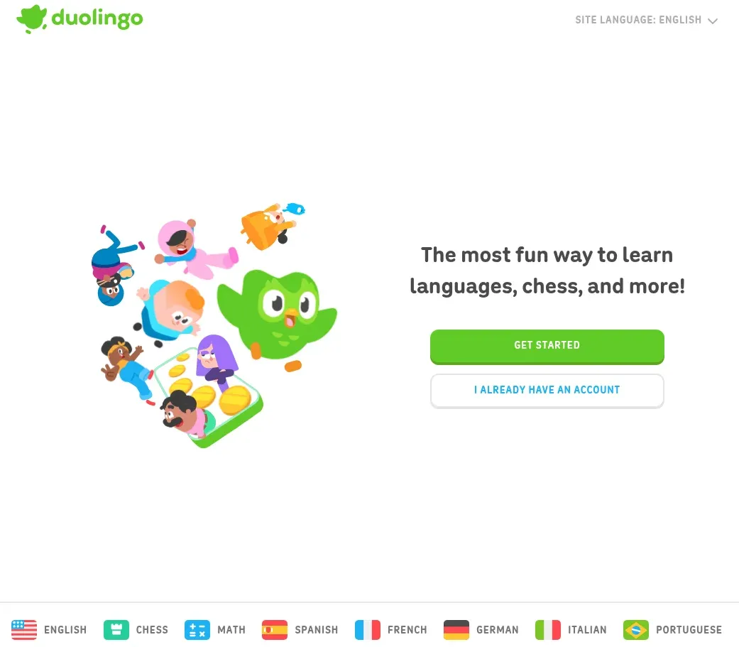 Duolingo homepage with owl mascot and "The most fun way to learn languages, chess, and more!" tagline