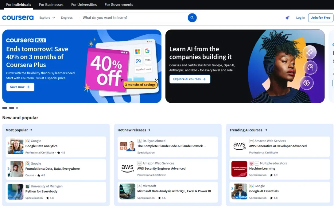 Coursera homepage showing course promotions including AI courses from Google, OpenAI and Anthropic