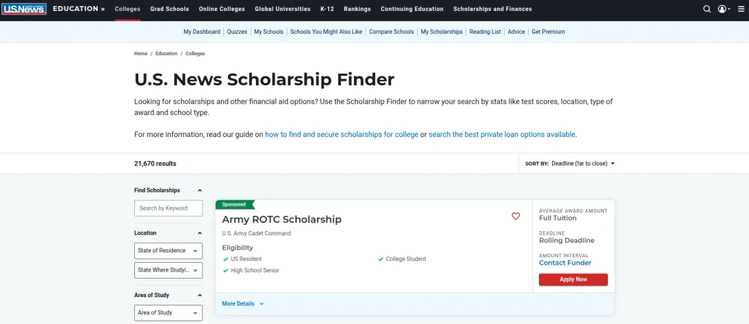 U.S. News Scholarship Finder page showing 21,670 results, with search filters for location and area of study.