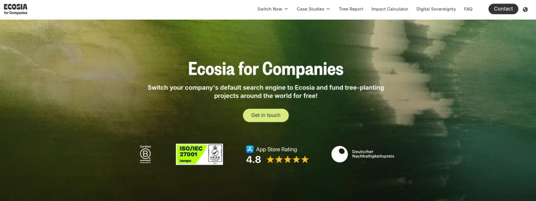Ecosia for Companies webpage with green background and text encouraging companies to switch to Ecosia