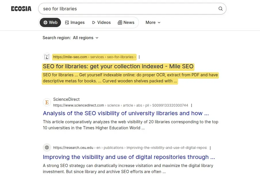 Ecosia search results for SEO for libraries with highlighted results