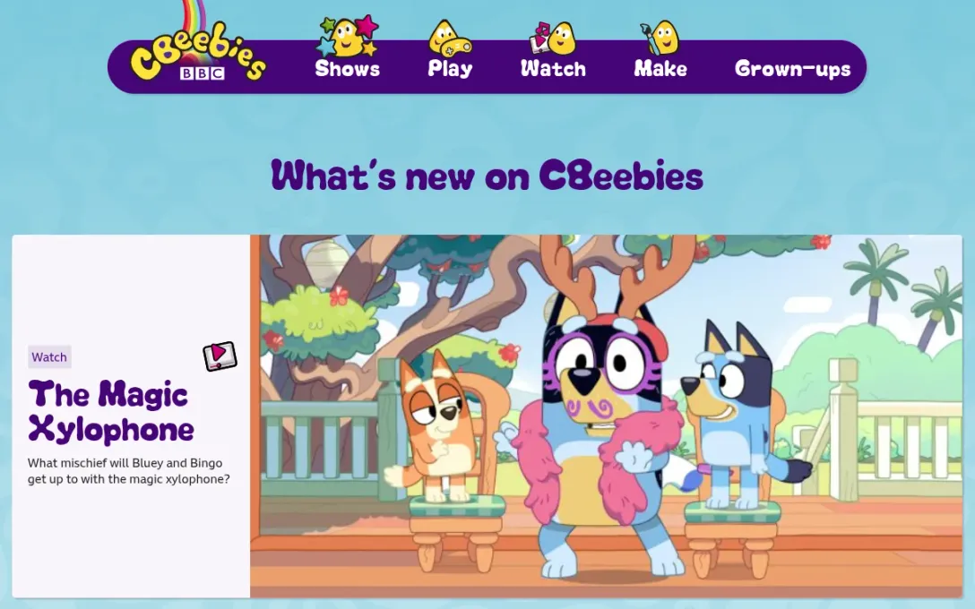 BBC CBeebies homepage featuring Bluey and Bingo characters