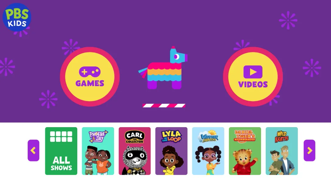 PBS Kids homepage showing Games and Videos buttons with children's show thumbnails