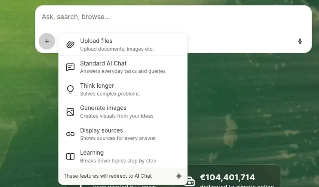 Ecosia search bar with options Upload files, Standard AI Chat, Think longer, Generate images, Display sources, Learning, and €104,401,714 trees planted by Ecosia