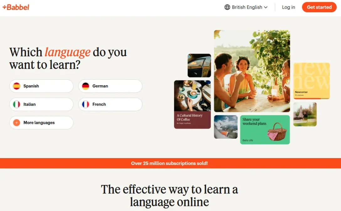 Babbel language learning homepage showing language selection screen