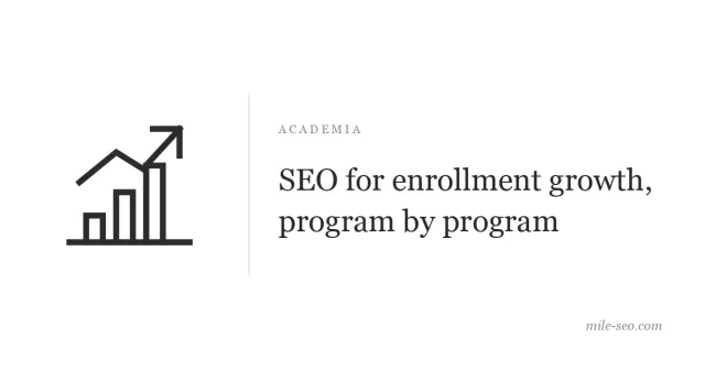 Bar graph with upward arrow, text reads Academia, SEO for enrollment growth, program by program, mile-seo.com