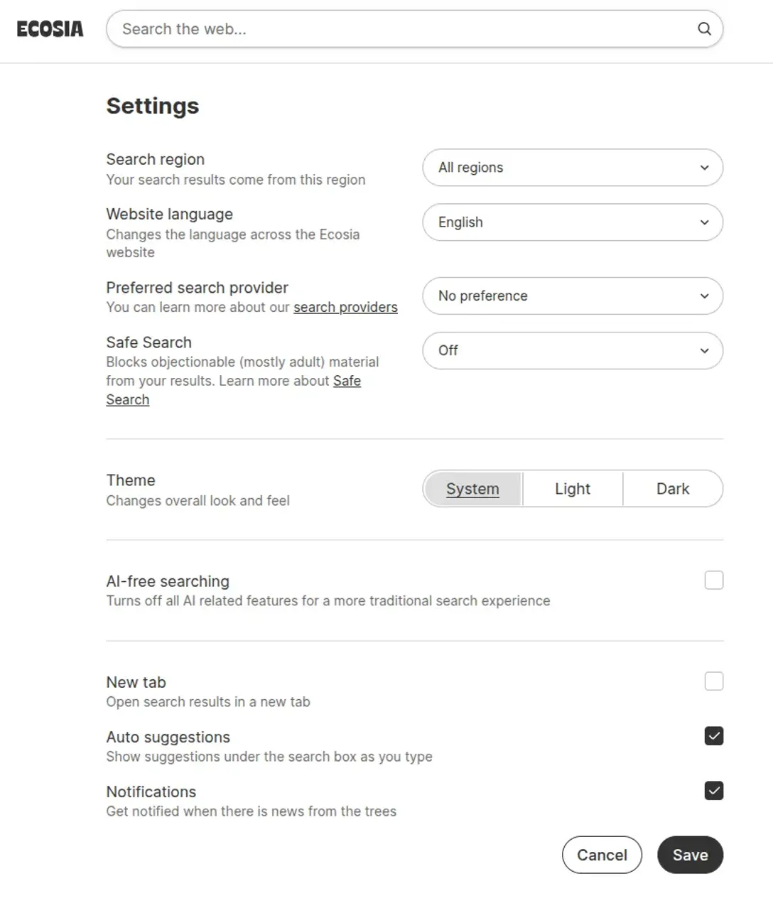 Ecosia search settings page with options for search region, language, safe search, theme, and more