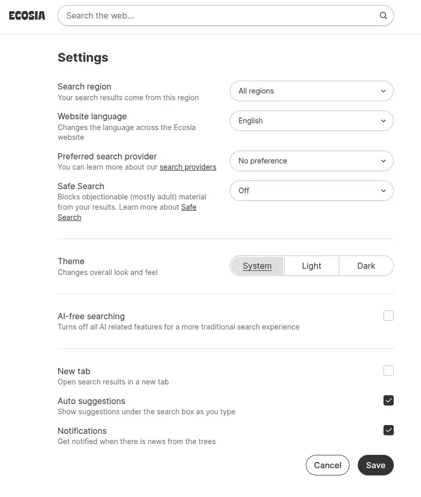 Ecosia search settings page with options for search region, language, safe search, theme, and more