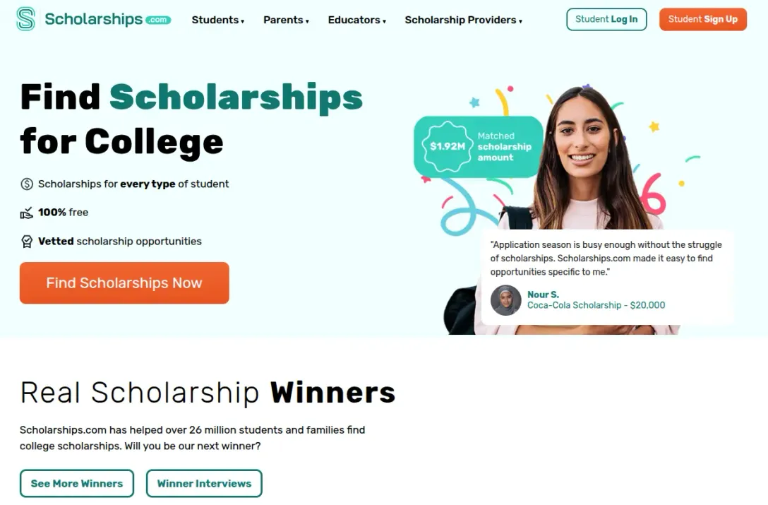 Scholarships.com homepage with the headline "Find Scholarships for College" beside a smiling student and a matched scholarship amount badge.