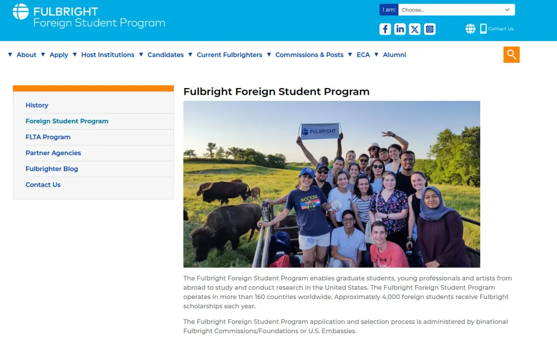 Fulbright Foreign Student Program page showing a group of students holding a Fulbright banner in a field beside bison.