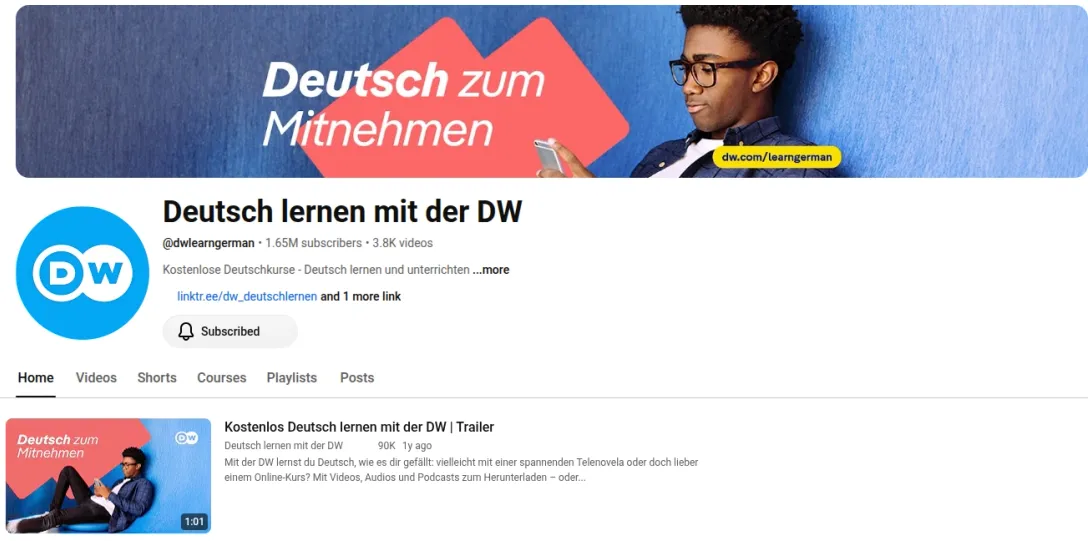 Screenshot of the Deutsch lernen mit der DW YouTube channel page showing 1.65M subscribers and 3.8K videos, with a "Deutsch zum Mitnehmen" banner and a Courses tab.