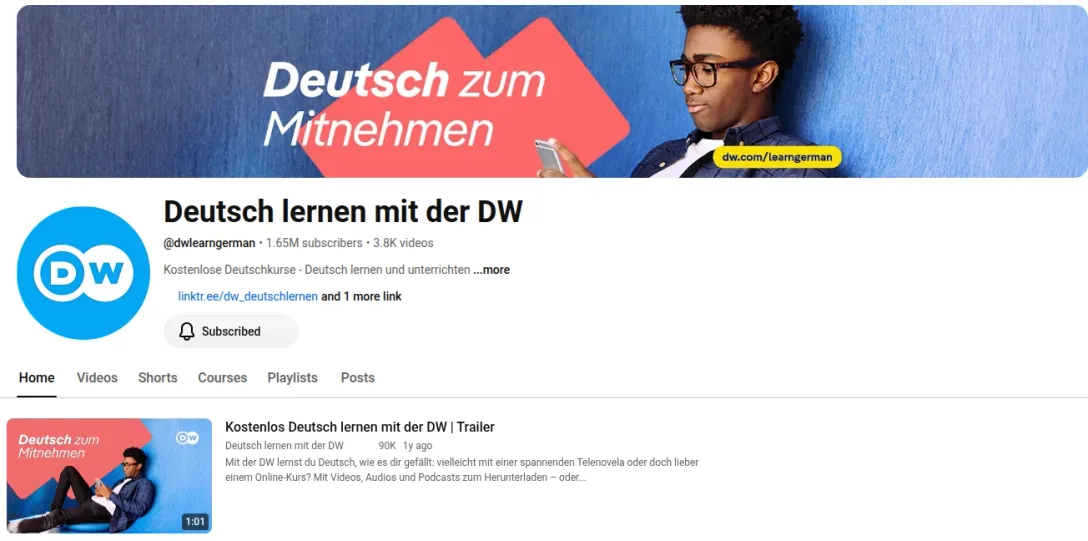 Screenshot of the Deutsch lernen mit der DW YouTube channel page showing 1.65M subscribers and 3.8K videos, with a "Deutsch zum Mitnehmen" banner and a Courses tab.