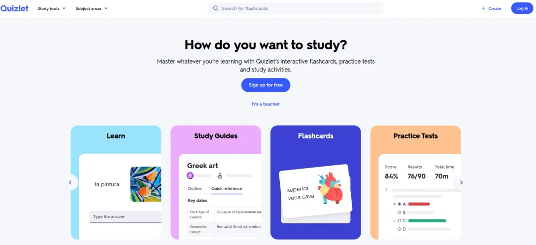 Quizlet homepage showing flashcard, study guide and practice test tools
