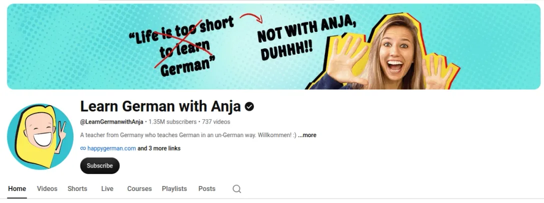 Screenshot of the Learn German with Anja YouTube channel page showing 1.35M subscribers and 737 videos, with a banner that reads "Life is too short to learn German? Not with Anja."