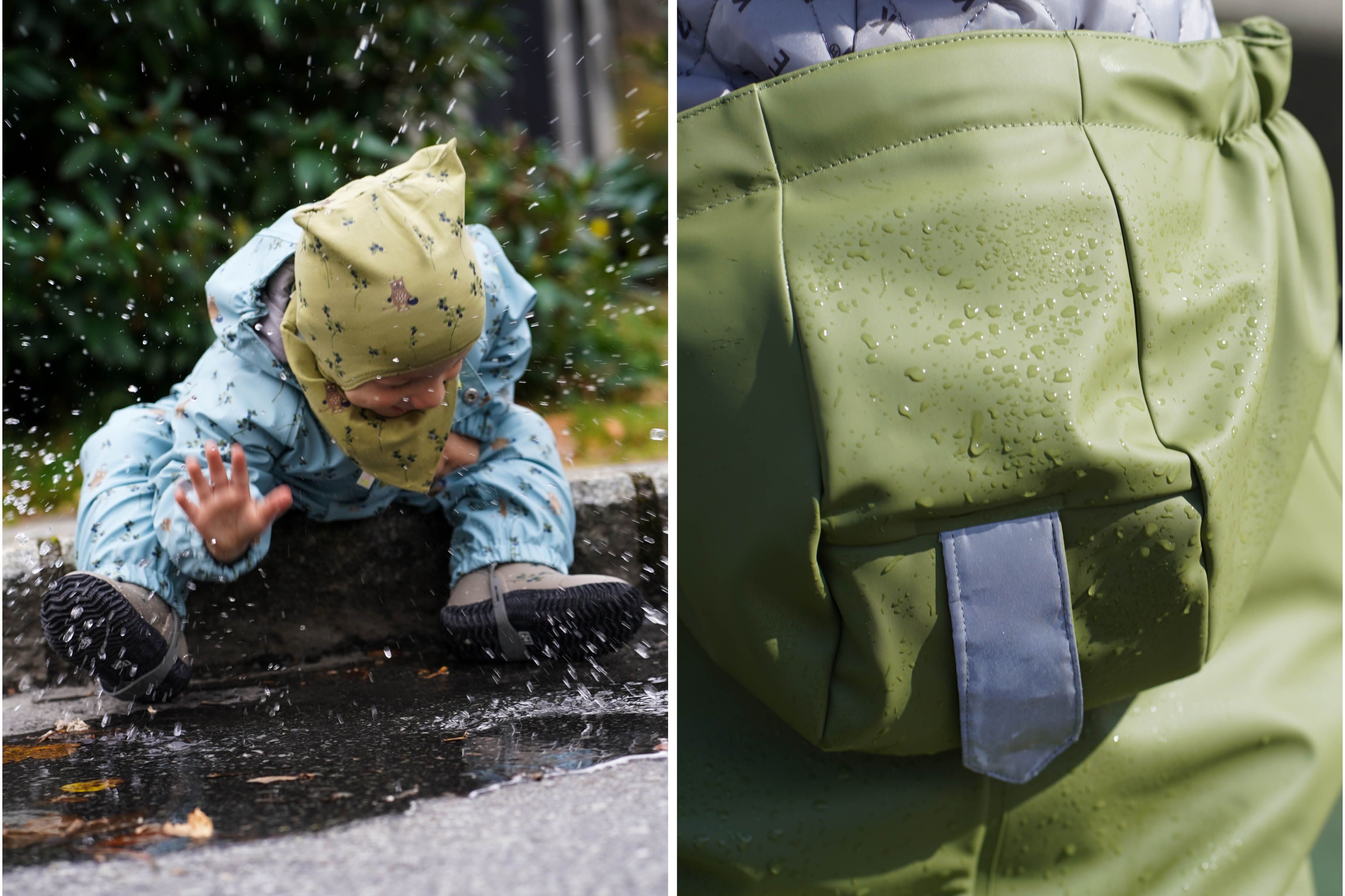 Babyregndressen er laga i Kvailtets PU der regnet prellar av stoffet.