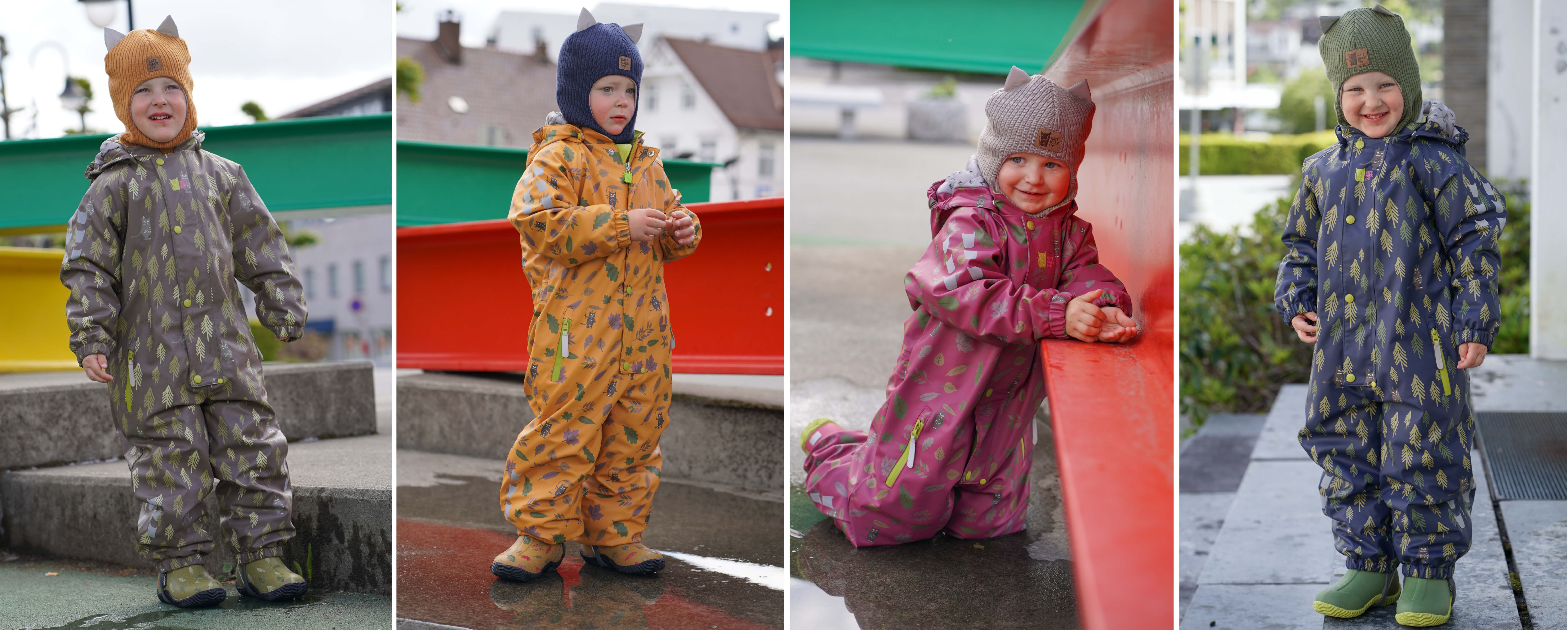 Her er Vinterregndress Slaps vist i dei fira versjonane med print, Stamme, Honning, Lyng og Marine,  kjem i str. 80 - 128.