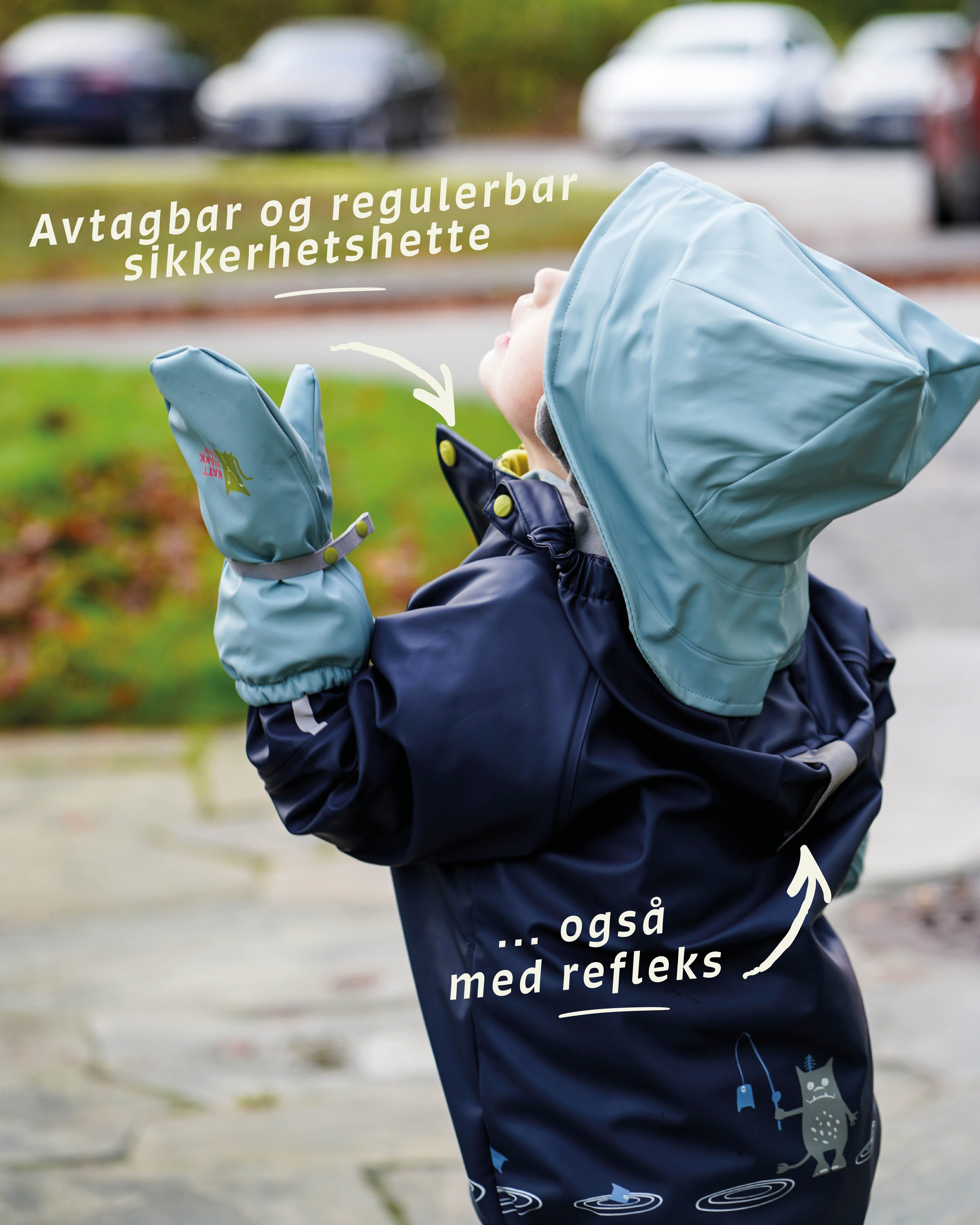 Sjå etter regnklede med avtagbar sikkerhetshette og refleks.