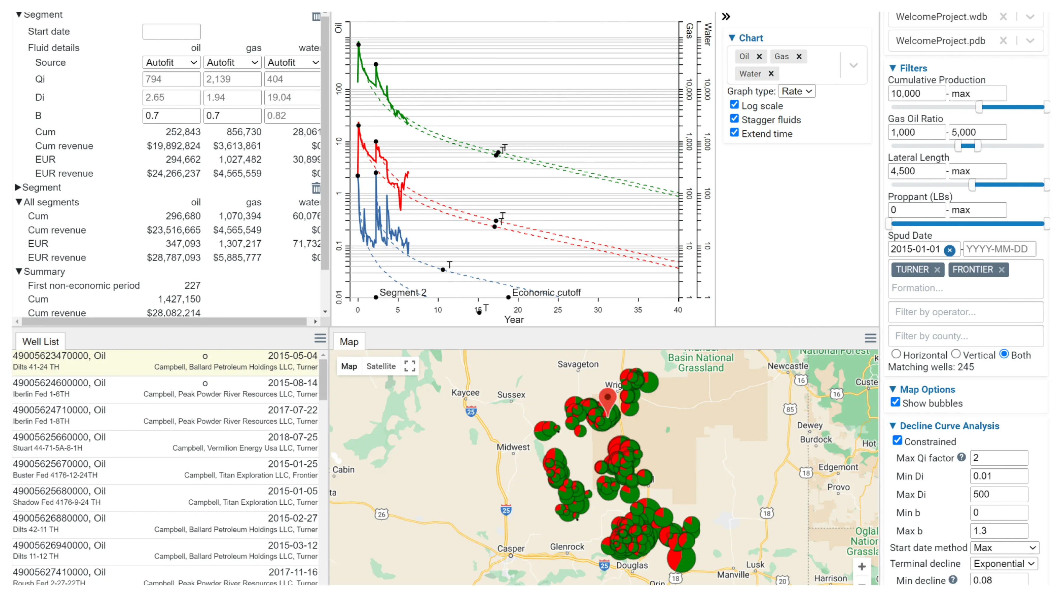 Danomic interface with map, well list, and segments.