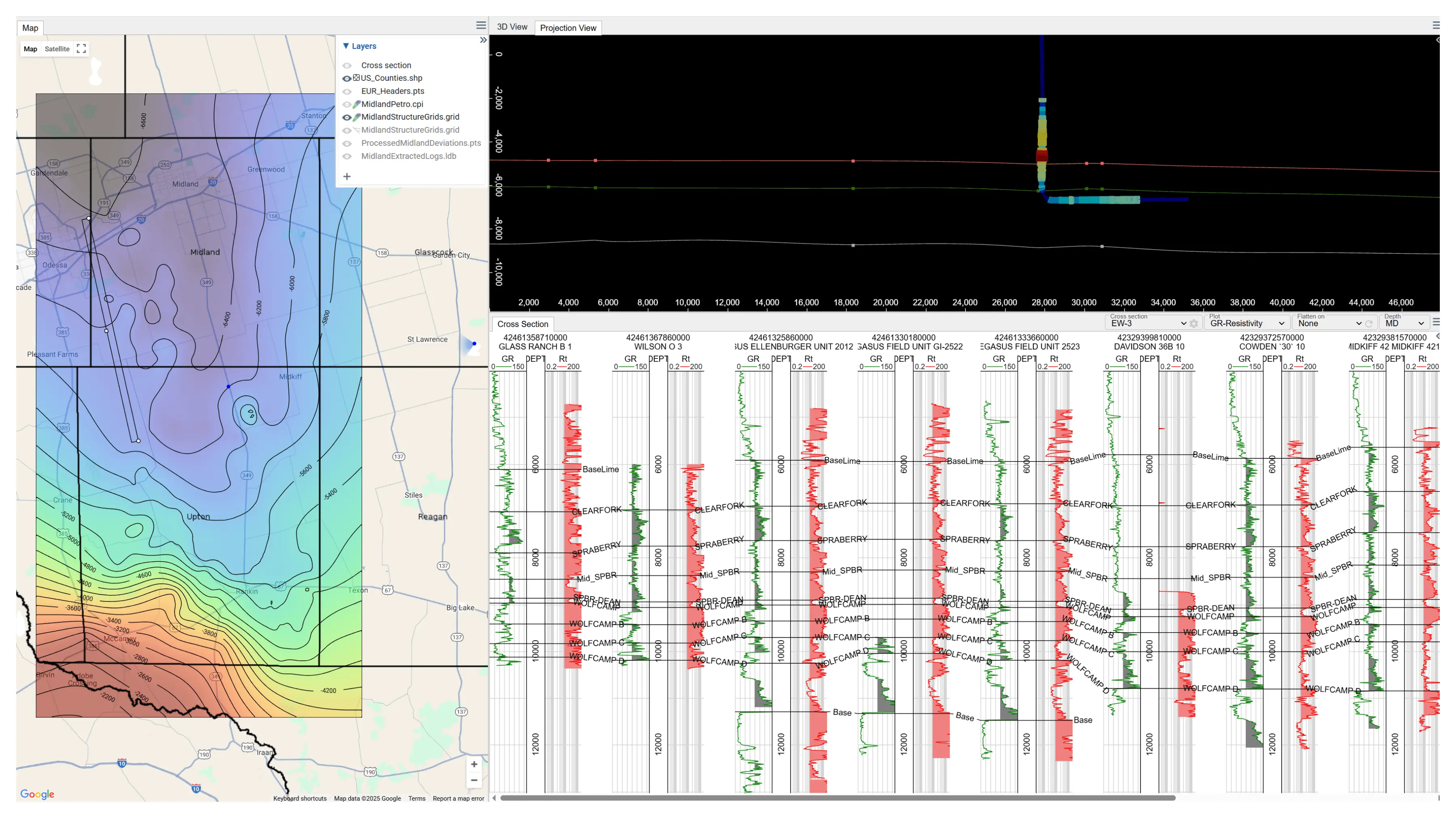 Danomics example of maps, cross-sections, and 3D and 2D projection views. 