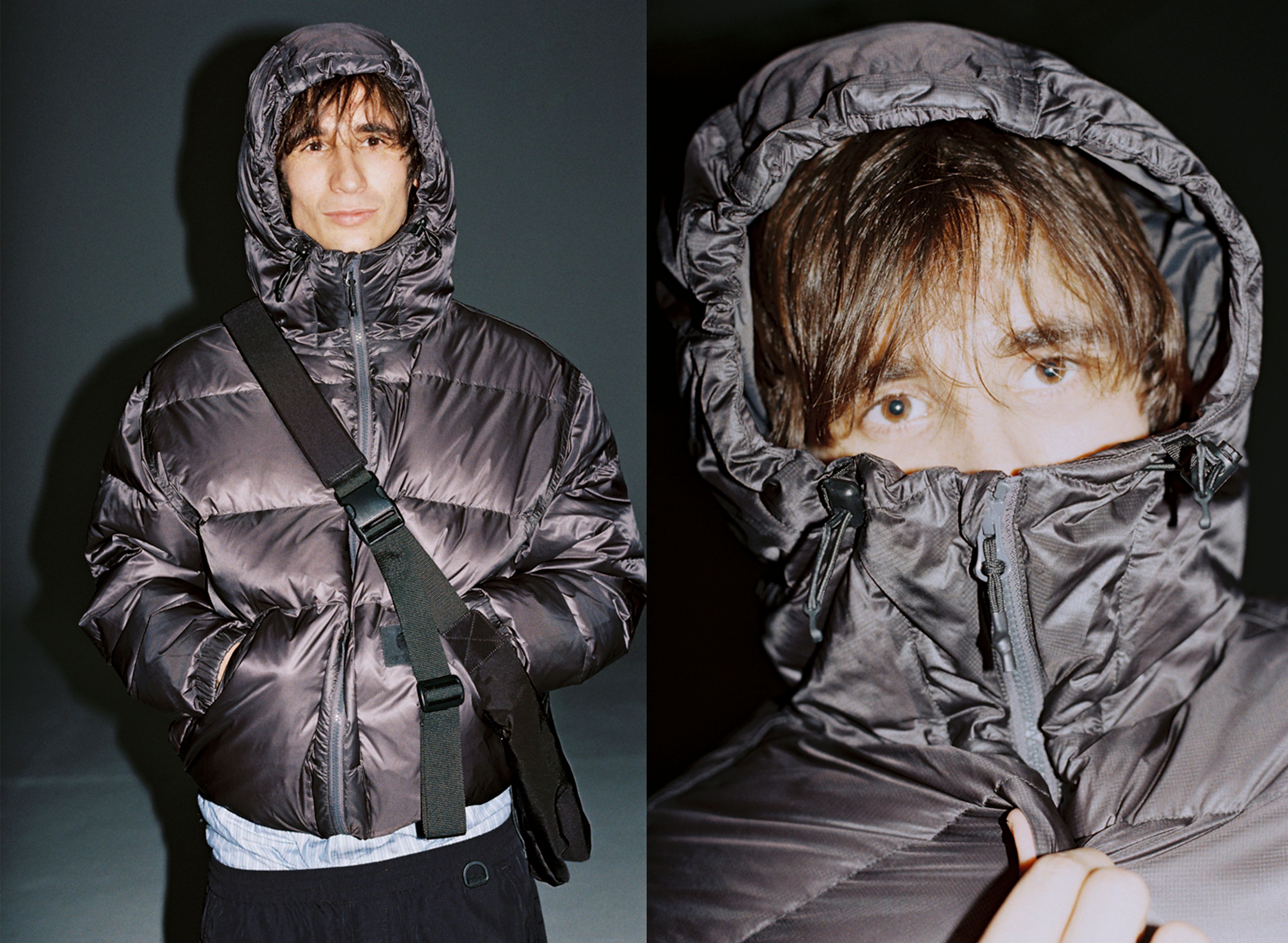 Model wearing a Lucid Jacket in Charcoal Grey in F/W25 Store Exclusives shoot