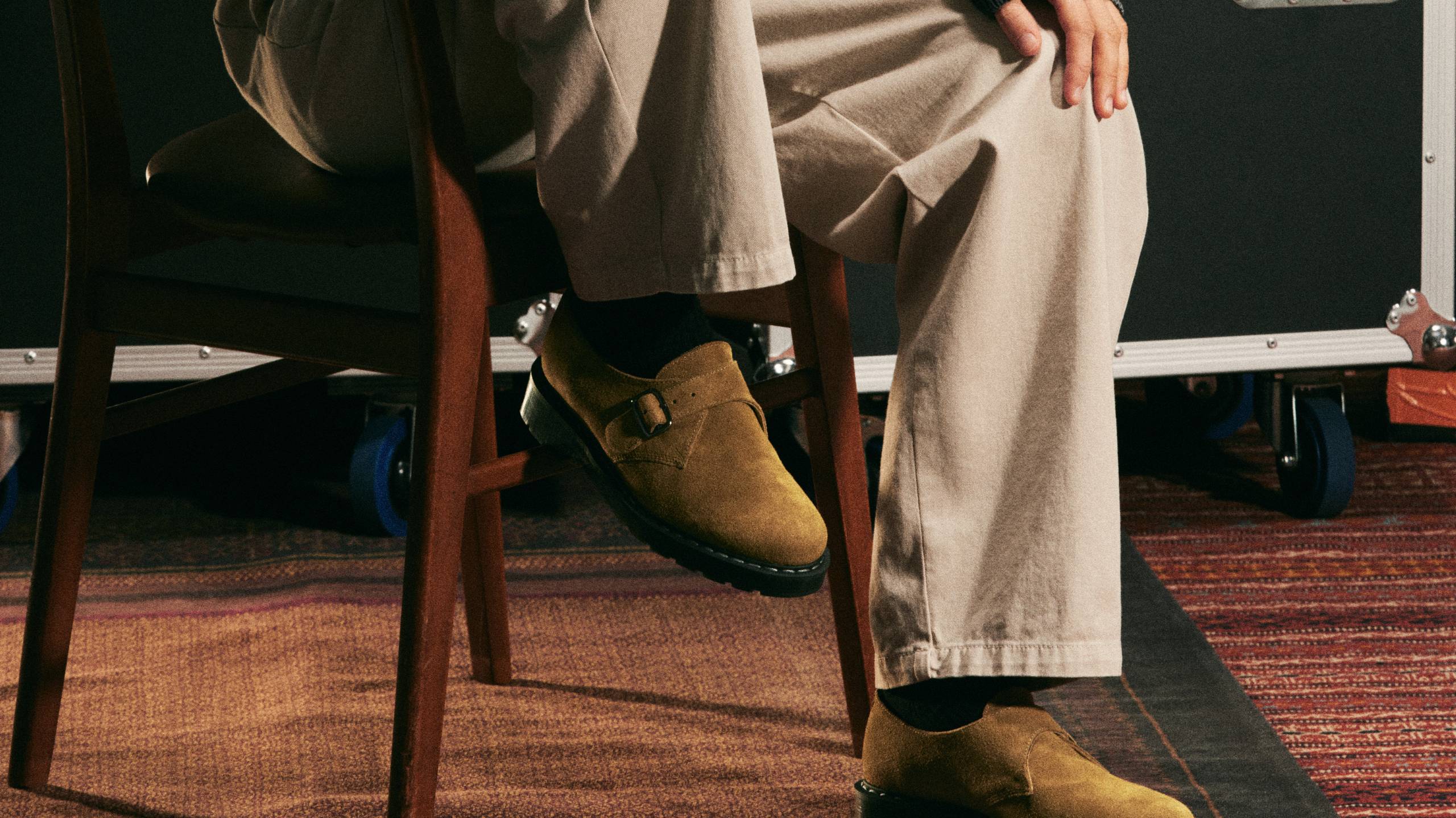 Model wearing a pair of the Solovair x Carhartt WIP Collaboration Monk Strap Derbies