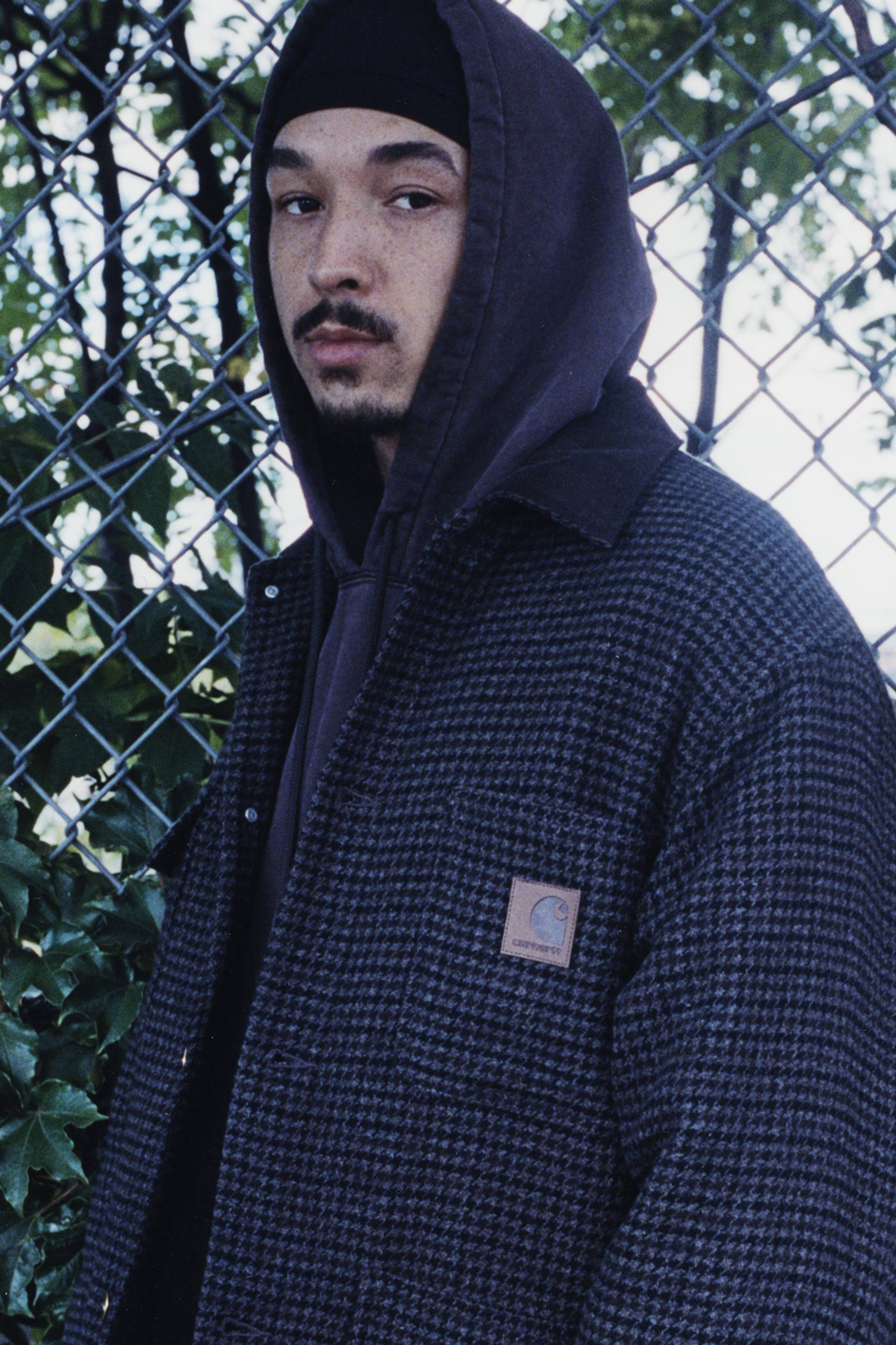 Model wearing a Lowis Houndstooth Chore Coat