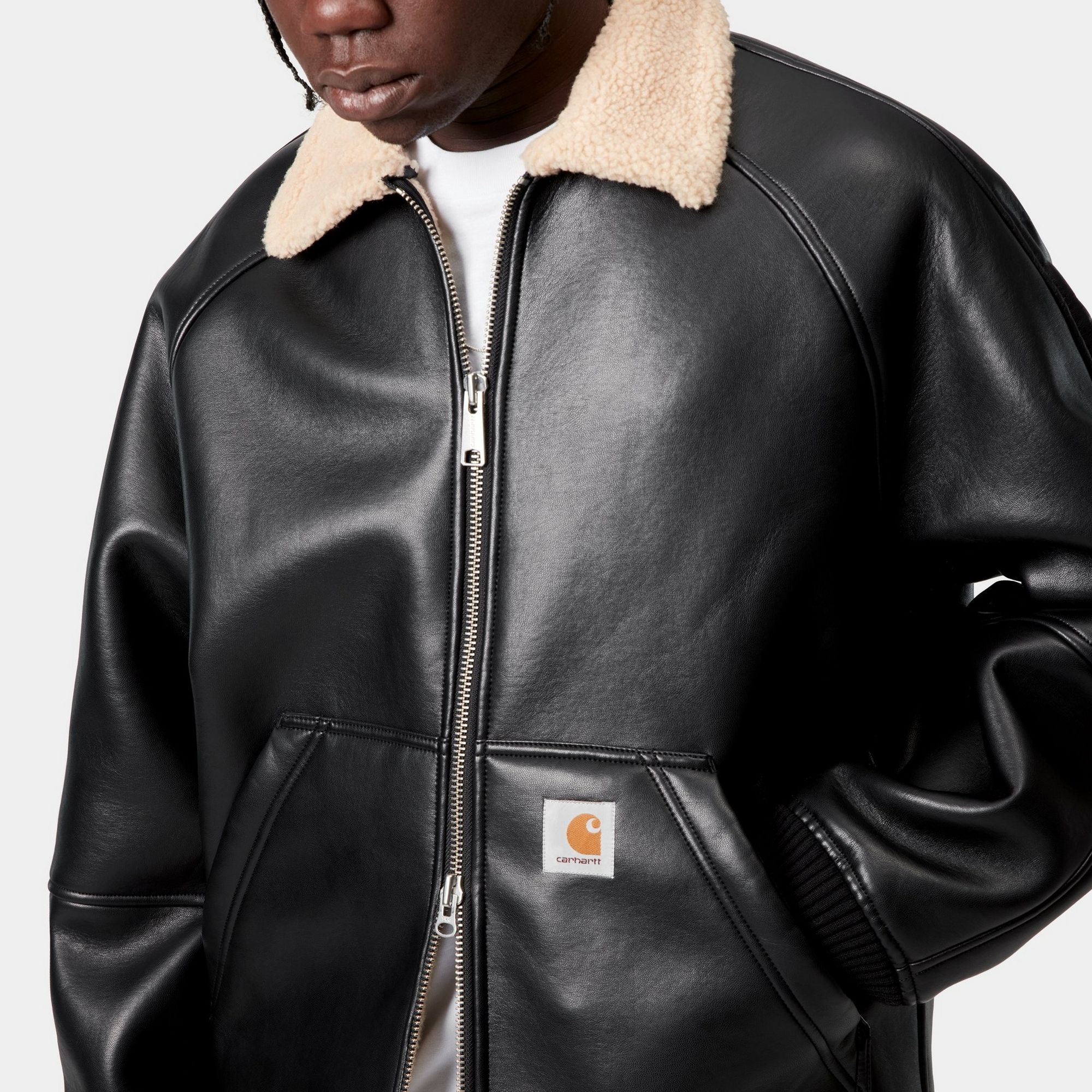 Closeup shot of model wearing the Shepton Jacket in Black